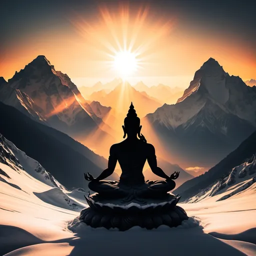 Prompt: Shadow of God Shiva meditating on a mountain with sun set in the background and tall snow covered peaks all around. Make it a silhouette image.