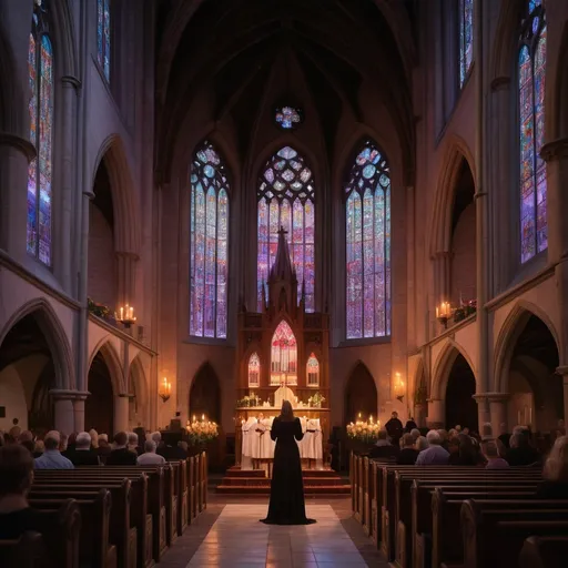 Prompt: A large, Gothic-style church at dusk with vibrant stained glass windows, a powerful choir singing inside, and a woman standing at the altar with a serene, spiritual expression, illuminated by soft candlelight.”