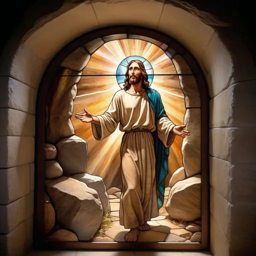 Prompt: Jesus standing at the entrance of an empty tomb, Cave with large stone. Light shinning all around, face obscured, olive skin, holy, arms out, head lifted, back turned