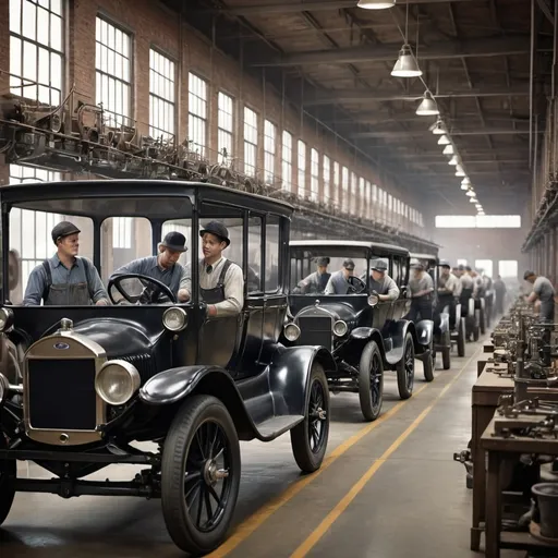 Prompt: 

"Create a detailed illustration of a historical Ford Model T assembly line from the early 20th century. The scene should be set in a bustling factory with rows of workers engaged in various tasks. Include assembly line machinery, with workers in period-appropriate clothing (such as overalls and caps) performing tasks like attaching wheels, engines, and bodies to the chassis. The factory environment should feature industrial elements like large windows, overhead pulleys, and exposed brick walls. Capture the busy, industrious atmosphere of the time, with a focus on the teamwork and precision involved in the assembly process."