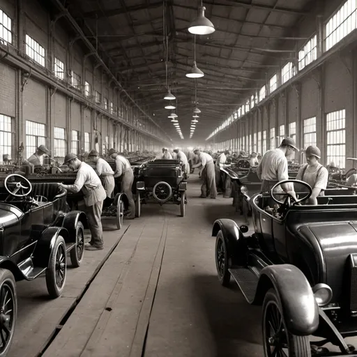 Prompt: Certainly! Here's a prompt you could use to create an image of an old Ford Model T assembly line with all the workers:

"Create a detailed illustration of a historical Ford Model T assembly line from the early 20th century. The scene should be set in a bustling factory with rows of workers engaged in various tasks. Include assembly line machinery, with workers in period-appropriate clothing (such as overalls and caps) performing tasks like attaching wheels, engines, and bodies to the chassis. The factory environment should feature industrial elements like large windows, overhead pulleys, and exposed brick walls. Capture the busy, industrious atmosphere of the time, with a focus on the teamwork and precision involved in the assembly process."