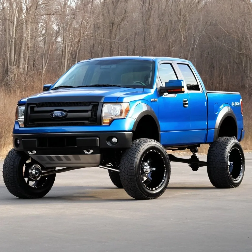 Prompt: 2013 Ford F150, focus on extreme wide suspension, in the style of a real photograph 
Same image, lower the ride height 
Add extra wide fender flares
Low ride height
Lowered