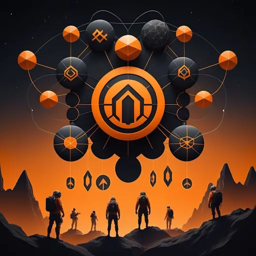 Prompt: airdrop hunter in orange universes which are connected each others with black blockchains