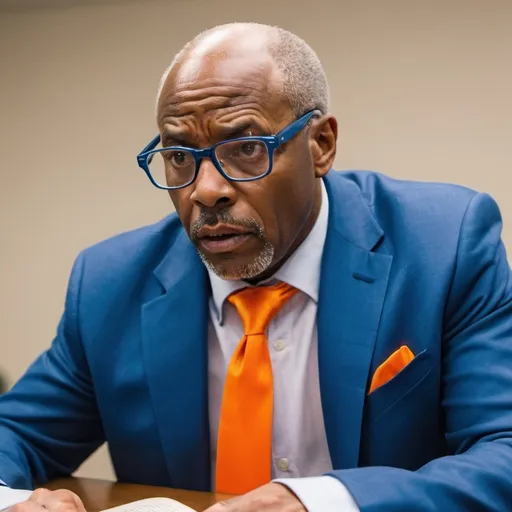 Prompt: i would like a photograph  of an  fifty-something african american man wearing a blue suit with a orange tie  wearing glasses sitting at a table reading a book  and has an confused and perplexed  and astonished expression on his face
