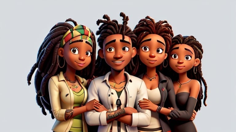 Prompt:  Handsome African With Long Dreadlocks with tattoos  hugging 6 black ladies 22 years old  illustration 