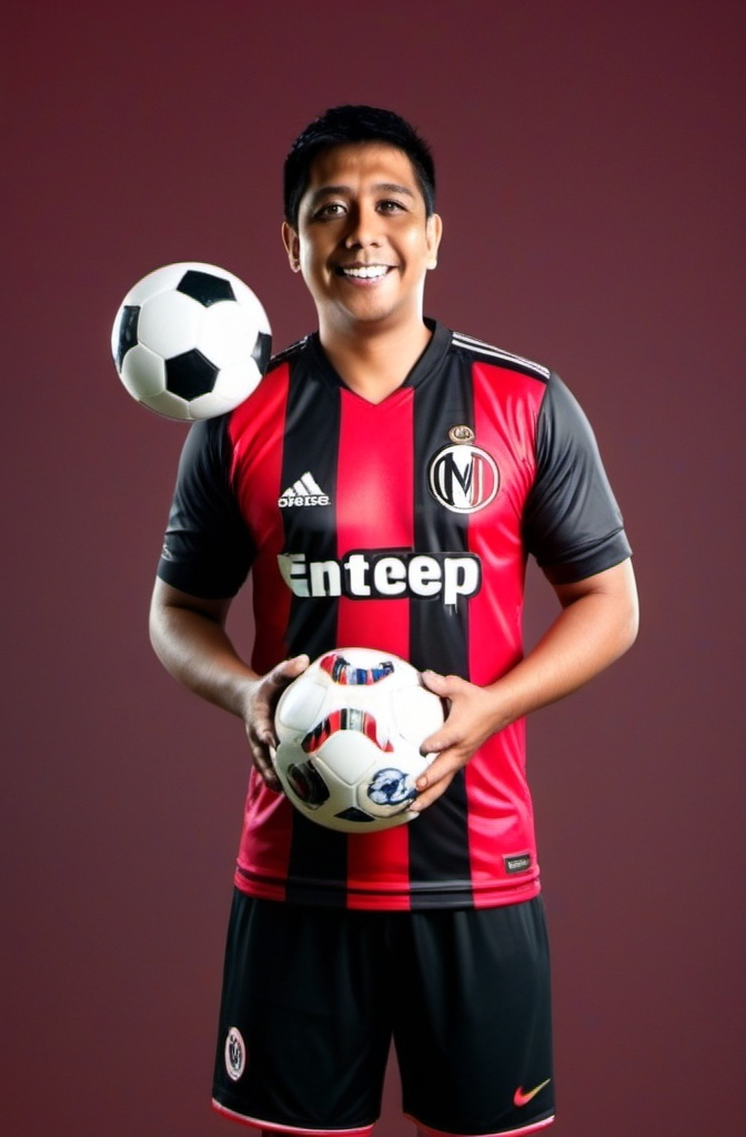 Prompt: 4D character of an Indonesian man, 35 years old, wearing an Inter Milanfootball jersey, standing upright, holding a ball in his hand, dark red background, full HD