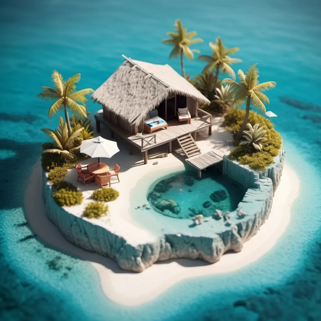 Prompt: miniature isometric world render, a hut surrounded by clear water, bahamas, on a table