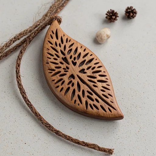 Prompt: A wooden talisman. It's personal, handcrafted and beautiful. It is shaped after a leaf and has a very natural feel.