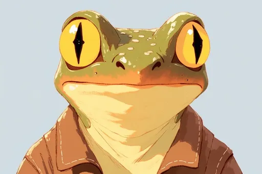 Prompt: A cute frog person with brown skin, yellow eyes and brown leather clothing.