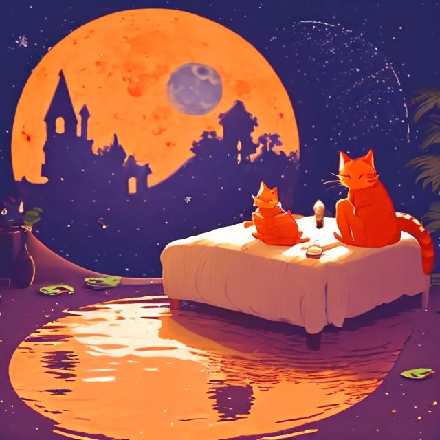 Prompt: cat sitting on bed, bed is under the moon floating on water while full moon, there Also is orange cat laying on the moon, IT should be more realistic
