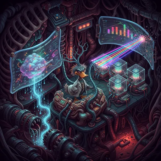 Prompt: Isometric, hyper-detailed biomechanical data foundry; Rube Goldberg assembly line inside a living machine-hall. No labels or text.

Perspective: horizontal skew; strict left-to-right/top-to-bottom sequence.

Aesthetic: biomechanical + surrealism + dark vibrant; sinewy tubing, ribbed manifolds, chrome cartilage, humming membranes.

START POINT:
- Translucent “Hyperplane” as a flexible crystal membrane
- 4D KNN embedding cloud like bioluminescent spores inside a rib lattice; nodes connected by tendons of light; non-Euclidean undulations
- Chaos diffuses in; ordered insights drip out as steady luminous droplets forming a stream

CONDUCTOR:
- Mad Scientist Duck with wild feather-mane, bone-white lab coat stitched with fiber-optic veins
- Organic console grown from the floor: pulsating valves, muscular cables, peristaltic pipes; quantum cores nested in ossified shells
- A thick spinal cable slithers to the BEAKs then splits into four symmetrical nerve branches, glowing with data peristalsis

BEAK:
- Transparent cubic organs suspended in a cartilage Dyson shell; central CPU throbs like a heart, surrounded by neat carbon-circuit capillaries
- DuckDB sidecars grafted to each cube like symbiotic cysts with shared memory umbilicals
- Massive intake pipes bite off-scene, guzzling distant data

CHART + BEAM:
- A living bar chart extrudes, stretches into prismatic lasers; four beams braid and fuse into a roaring plasma photon tendril
- Beam strikes browser-glass next to Hyperplane; impact pixelates and warps space, then resolves to a razor-sharp, gorgeous chart
- Beam continues, now heavily pixel-dithered, chunks missing like necrotic mosaic

Style: biomechanical surreal sci-fi, humorous but intense. Palette: dark + vibrant. Negative: labels.
