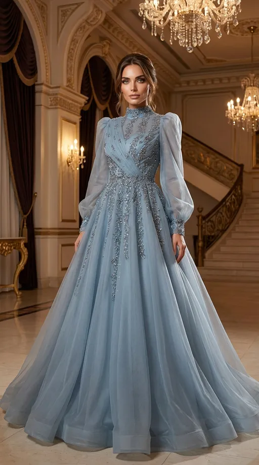 Prompt: Elegant full-length light blue ball gown worn by a realistic AI female model. The dress features long puffed sheer sleeves, a high structured neckline, a fitted waist, and a voluminous flowing skirt. Intricate silver beadwork decorates the bodice and cascades down the skirt. The fabric appears delicate, slightly translucent, with soft natural folds and realistic texture. The gown fits the model perfectly, emphasizing an elegant posture and graceful stance.

Background: a luxurious and sophisticated formal event hall with high ceilings, crystal chandeliers, elegant architectural details, warm ambient lighting, and a refined classical atmosphere. Professional fashion photography, cinematic lighting, ultra-high resolution, realistic shadows, sharp focus, editorial couture style, highly detailed fabric and embroidery, premium quality.

Negative Prompt:
low quality, blurry, cartoon, illustration, painting, unrealistic proportions, extra limbs, distorted hands, deformed body, flat lighting, harsh shadows, overexposed, underexposed, plastic skin, bad fabric texture, watermark, text, logo