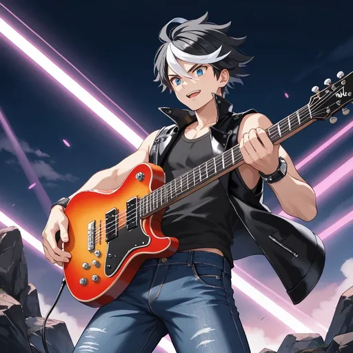 Prompt: (pokemon style), dynamic male character, grinning expression, wearing a (leather vest), (tight jeans), holding a (rock guitar), striking a cool pose, (black hair with white highlights), vibrant colors, (energetic ambiance)