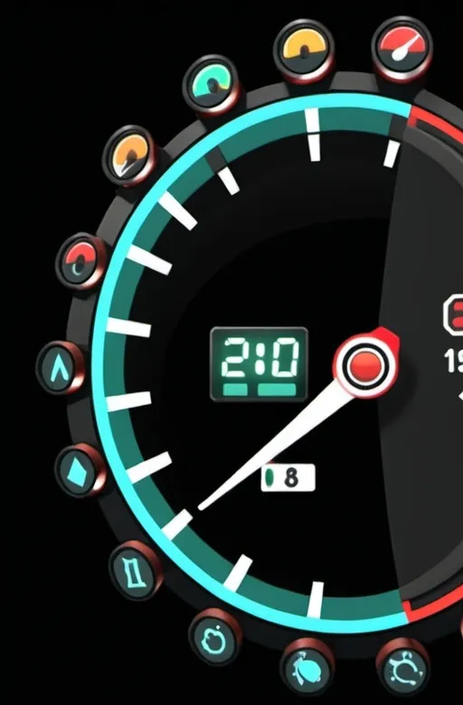 Prompt: (engine cluster gauge sketches), speed indicators, small gear number indicator, modern arcadelike design, vibrant colors, toon shade art style, (highly detailed), sleek UI elements, mobile game interface, positioned on the right side of the screen, dynamic and engaging atmosphere, (4K quality), refined aesthetics, user-friendly style.