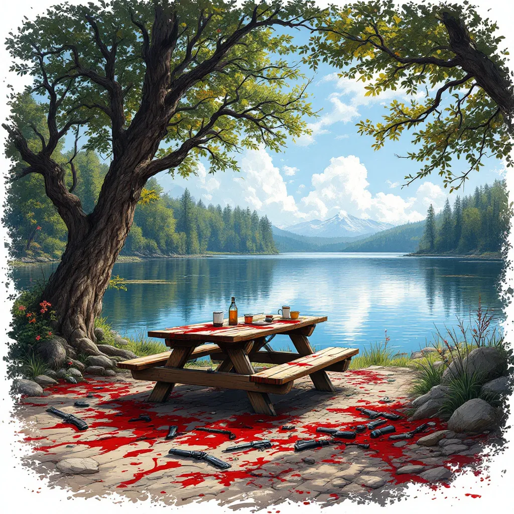 Prompt: A lake, a picnic area with bloody weapons