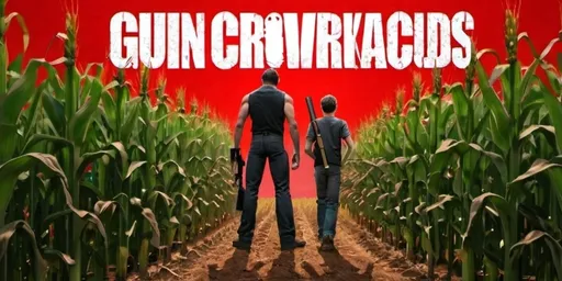 Prompt: Make the boy and man stand in a corn field with  a red backround red backround and have them with a gun and crowbar