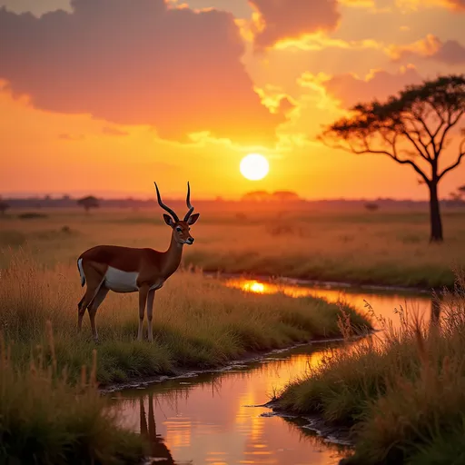 Prompt: Generating an image with the prompt: A beautiful savanna sunrise scene featuring an impala gracefully standing near a river. The sky is painted in warm hues of orange and pink as the sun rises, casting a soft glow over the golden grasslands. The river reflects the colors of the sky, creating a serene and picturesque landscape.
