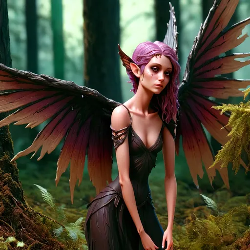 Prompt: Dark fae  standing in forest with one wing broken 