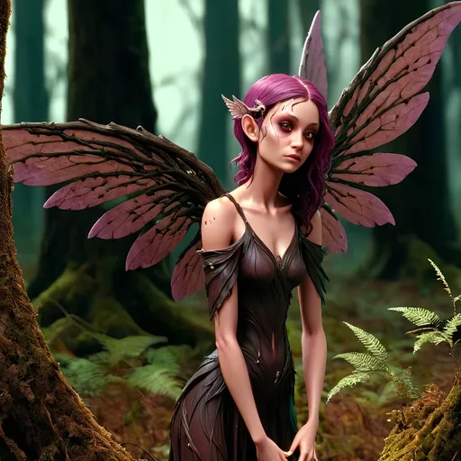 Prompt: Dark fae  standing in forest with one wing broken 