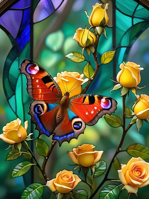 Prompt: Peacock butterfly sitting on a bright yellow rose with rain falling in background 