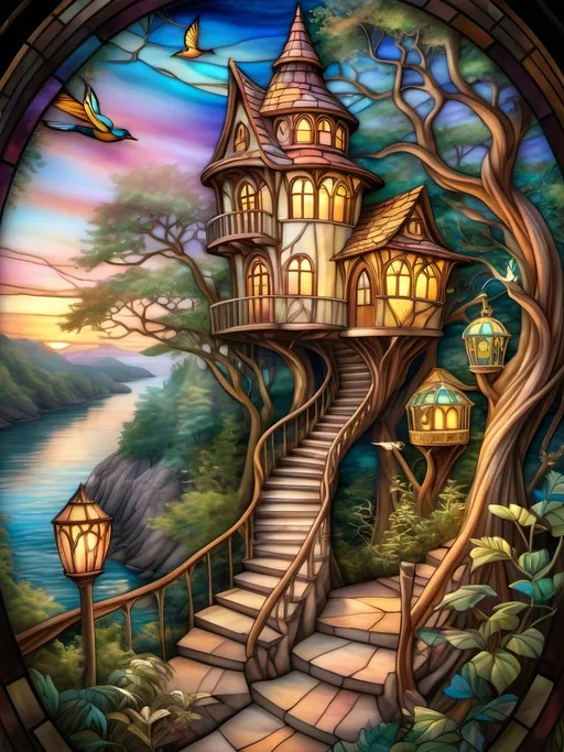 Prompt: a painting of a path leading to a tree house and a bird cage on the cliff above the water, Anne Stokes, fantasy art, fantasy artwork, an airbrush painting