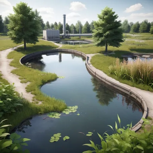 Prompt: realistic landscape with a wastewater treament plant,  a small natural  pond gathering the water. the two should be interconnected by a small stream of water