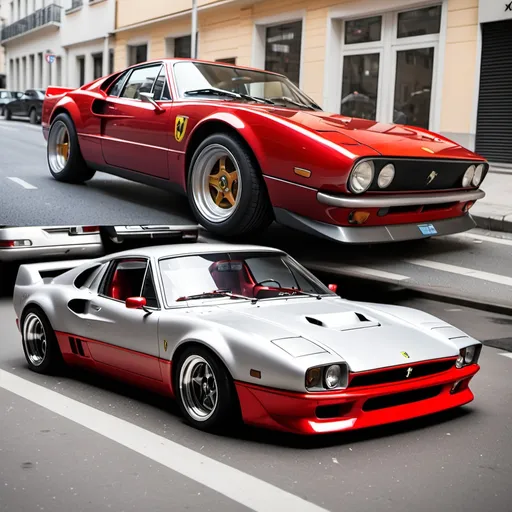 Prompt: Un coche con el frontal de un mustang del 67 y la parte trasera de un ferrari f40