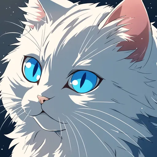 Prompt: make me an anime styled cat with is fur blowing in the air with blue eyes staring forward so we can see one side of its face
