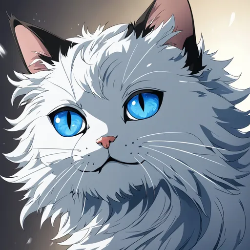 Prompt: make me an anime styled cat with is fur blowing in the air with blue eyes staring forward so we can see one side of its face
