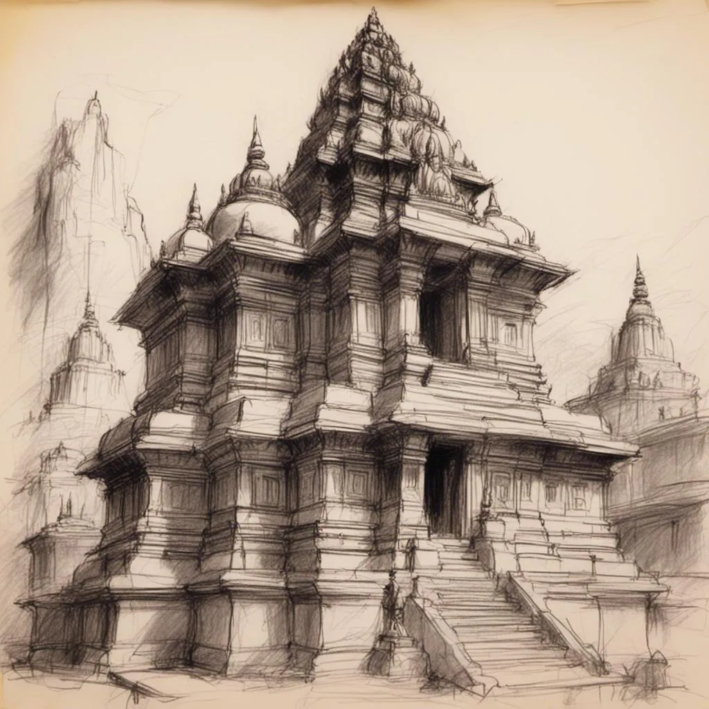 Prompt: <mymodel> pencil-sketch of a lord Shiva  temple with Hindu culture