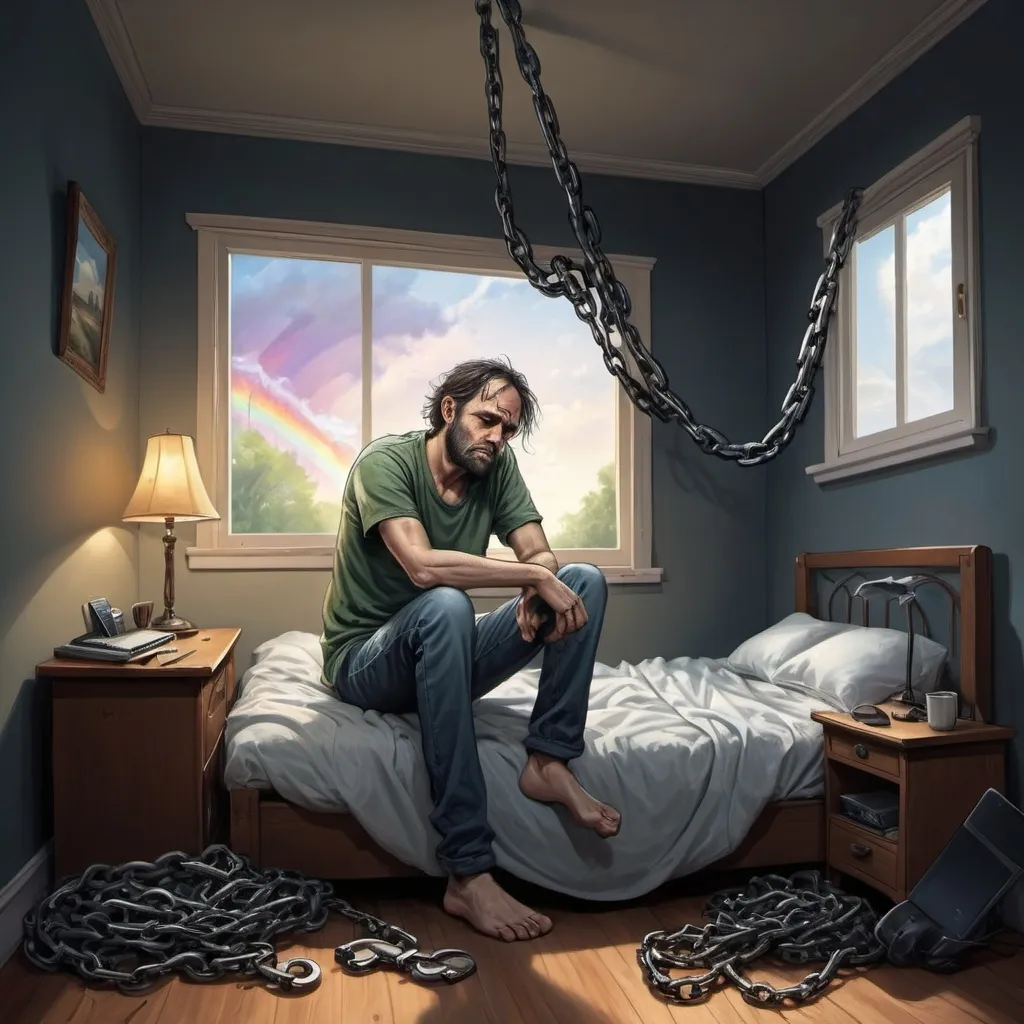 Prompt: "Caricature: A depressed man is chained to his bed with a heavy chain, symbolizing his struggle against invisible constraints. He can only move within his room, which is equipped with a computer, a gaming console, and a smartphone, representing his only sources of distraction and connection to the outside world. The room is dark and messy, contrasting with a window that shows the outside where a beautiful rainbow illuminates the sky, symbolizing hope and freedom that seem unreachable for him."