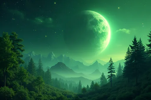 Prompt: green universe, planets, trees, stars, moon