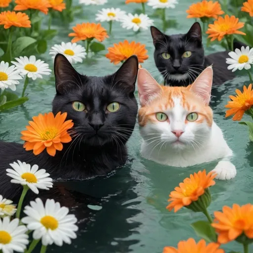 Prompt: an orange and white cat and a black cat are swimming in the flower sea.The fury of black cat's is long.Their eyes are green.