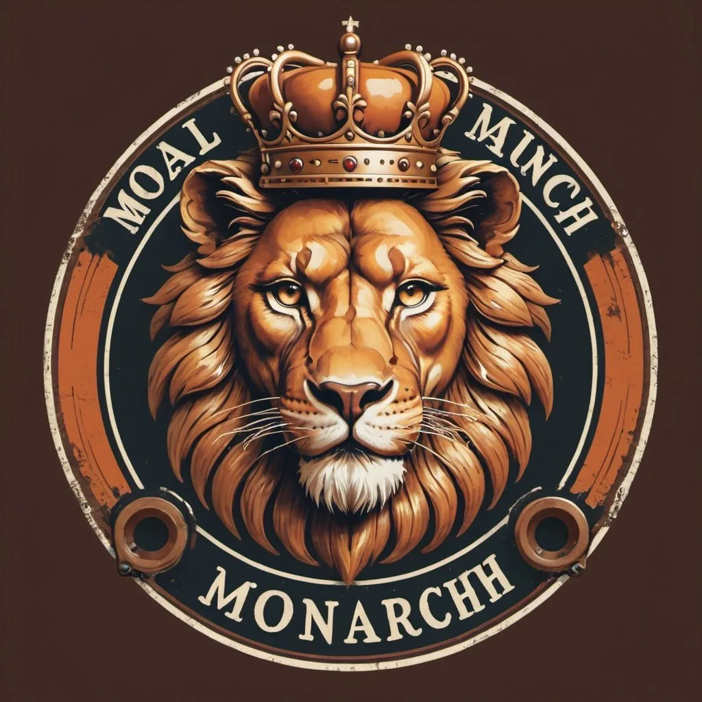 Prompt: Name Monarch Manufacturing Solutions,Vintage style logo , majestic lion, larger crown, machine shop, 2x calipers, rich and warm color palette, detailed fur and mane, monarch's dignified gaze, high quality, vintage, majestic lion looking left, machine shop, royal, rich color palette, vintage logo,