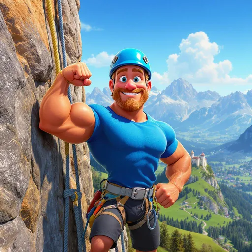 Prompt: A muscular, athletic man with tanned skin and short, light blond-red (strawberry blond) hair, blue eyes, and a strong jawline, wearing a bright blue climbing helmet, blue athletic shirt, and dark shorts. He stands confidently on a steep rock face, flexing one arm in a “muscle pose” and smiling energetically, attached with a climbing harness and carabiners. His pose radiates strength, adventure, and positivity, authentically reflecting his unique features.

He is positioned high on the cliff, surrounded by ropes and realistic climbing gear.
Behind him is the beautiful landscape of South Tyrol: rolling green hills, a yellow historic castle atop a rocky hill, forests, and dramatic mountains under a clear blue sky. Sunlight adds a warm, golden glow, creating a vibrant and inviting mood.

Pixar Style:

Highly realistic texturing, smooth shading, and vivid colors.

Expressive face with stylized, lifelike proportions and large, clear blue eyes.

Emphasis on the character’s unique features, light strawberry blond hair, and athletic build.

Lush, detailed background in authentic Pixar animation style.