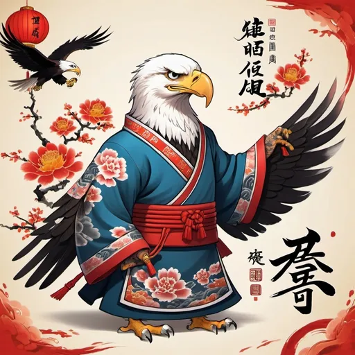 Prompt: a cartoon eagle wearing traditional chinese clothes and writing chinese calligraphy