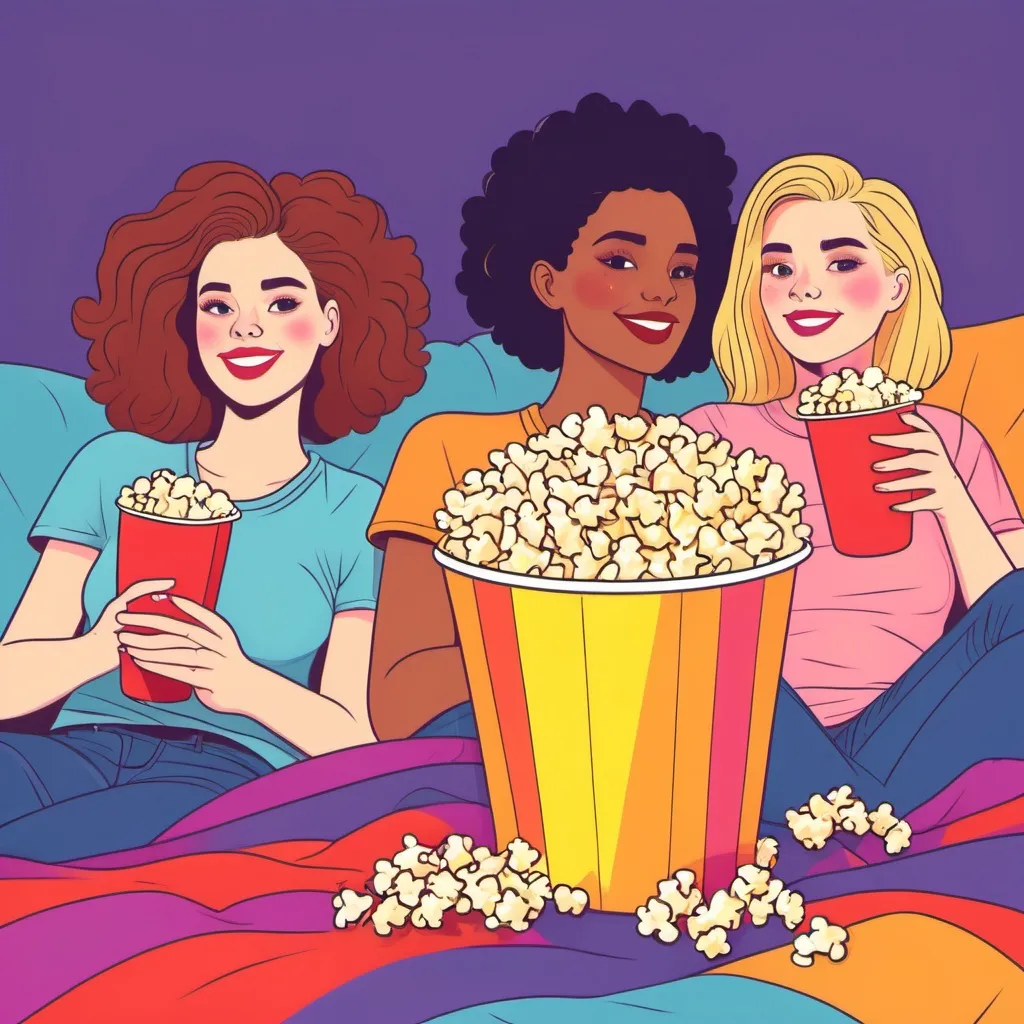 Prompt: illustration movie night for the lgbt sorority, woth blankets popcorn and beer