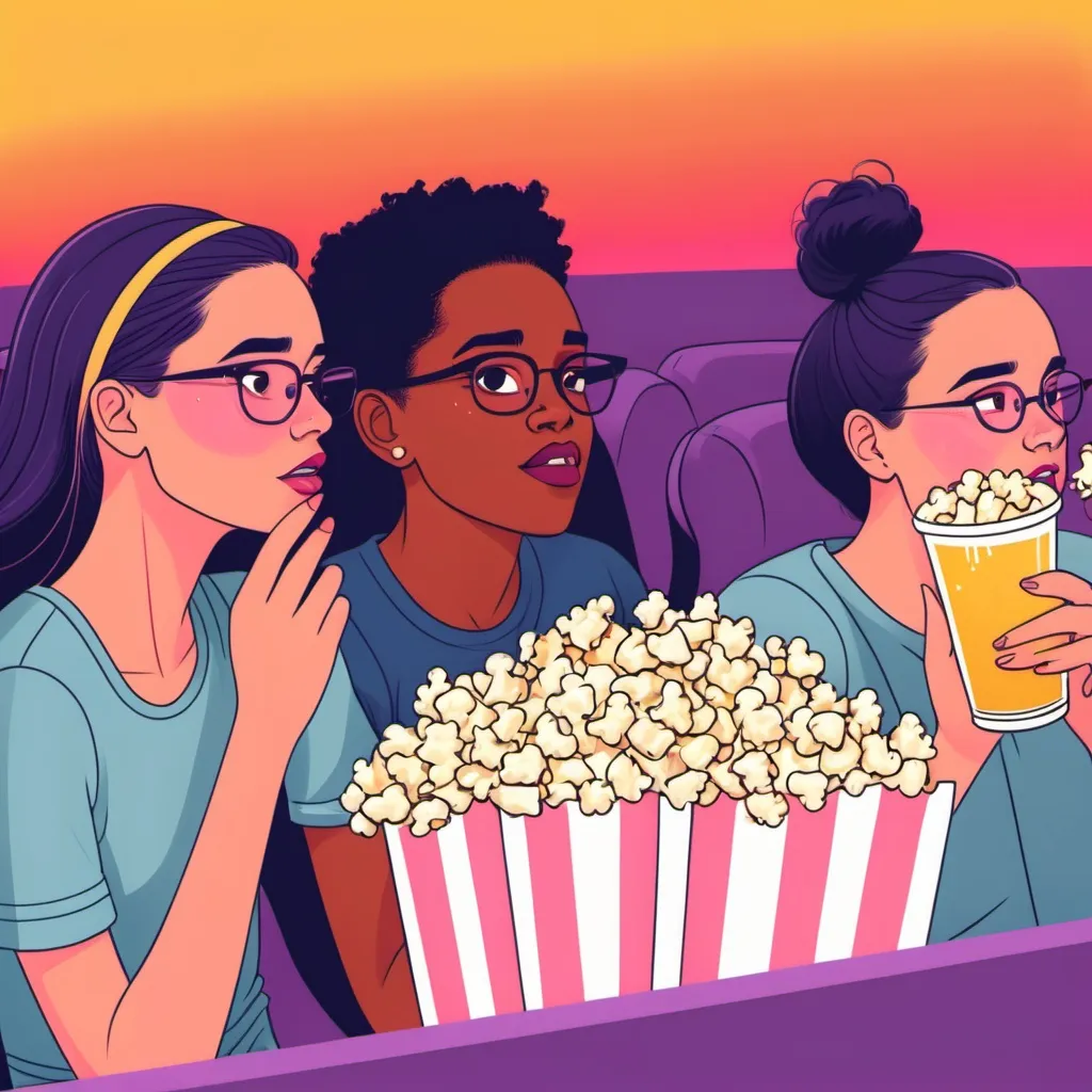 Prompt: illustration movie night for the lgbt sorority, woth blankets popcorn and beer 
less direct faces and all genders