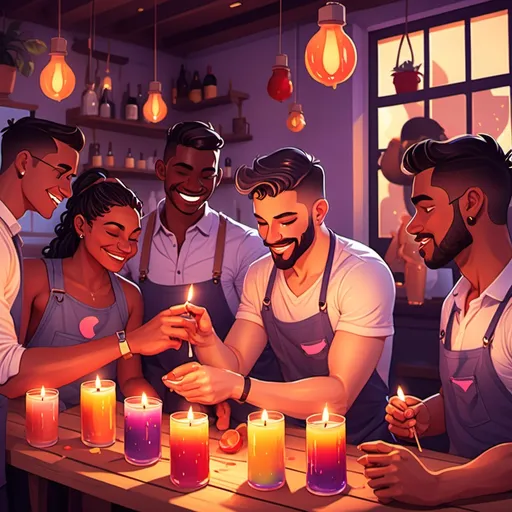 Prompt: illustartion of candle making workshop and sangria night in the LGBT frat
make it gay