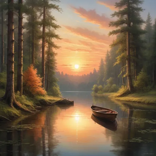 Prompt: A serene and picturesque (((vista))) featuring a stunning sunset that painted the forest with its warm glow, casting a tranquil atmosphere that embodied natural splendor, with a little boat softly reflecting the scene's tranquility, set amidst a vast array of towering trees that added an ethereal dimension to the landscape