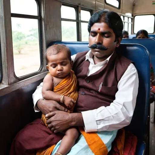 Prompt: Young Bharathiyar sitting in a AC bus and a cute 3 years old  female baby is sleeping on his chest. 