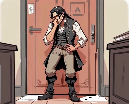 Prompt: man with long black hair, wearing victorian vest, one hand on his thigh, concentrated, full body, he is standing up, legs crossed, urgent need,, thinking of washroom,digital art,cartoon style, library environment, standing infront of door,he needs to pee, desperation, hands shoced between thighs,omorashi art, needs to pee, his legs are crossed, he is about to urinate
