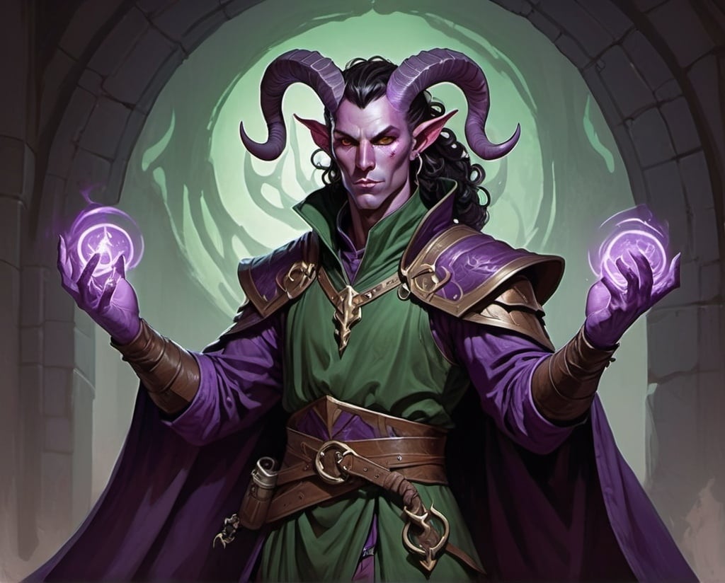 Prompt: dungeons and dragons fantasy art tiefling male cleric with dark hair that curls slightly around his ears, purple skin tone, two antler like horns one on either side of his head, wearing dark green cleric robes, full body