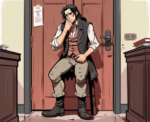 Prompt: man with long black hair, wearing victorian vest, one hand on his thigh, concentrated, full body, he is standing up, legs crossed, urgent need,, thinking of washroom,digital art,cartoon style, library environment, standing infront of door,he needs to pee, desperation, hands shoced between thighs,omorashi art, needs to pee, his legs are crossed, he is about to urinate
