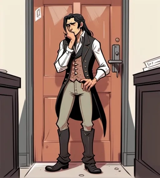 Prompt: man with long black hair, wearing victorian vest, one hand on his thigh, concentrated, full body, he is standing up, legs crossed, urgent need,, thinking of washroom,digital art,cartoon style, library environment, standing infront of door,he needs to pee, desperation, hands shoced between thighs,omorashi art, needs to pee, his legs are crossed, he is about to urinate
