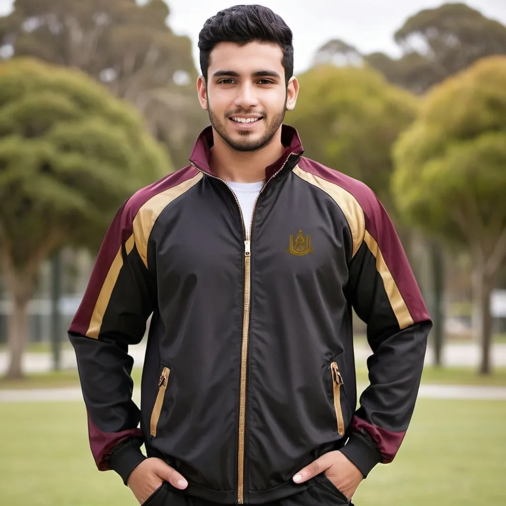 Prompt: create a semi casual to formal sports jacket for students at the Islamic College of Melbourne in black with marron and gold trimmings to suit the logo. make the jacket more sporty and straight add more maroon colour change into a rain jacket