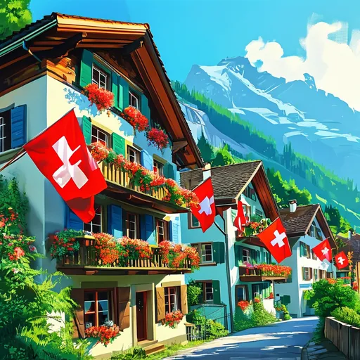 Prompt: (vibrant display of Swiss national flags), people celebrating in cities, houses, and villages, raising flags on masts, balconies, and windows, atmosphere of pride and unity, clear blue skies, lush green landscapes, warm sunlight illuminating festive decorations, high-detail, 4K, capturing national pride and solidarity across the nation.