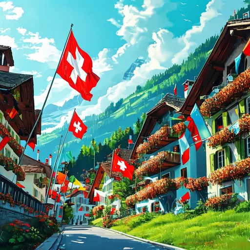 Prompt: (vibrant display of Swiss national flags), people celebrating in cities, houses, and villages, raising flags on masts, balconies, and windows, atmosphere of pride and unity, clear blue skies, lush green landscapes, warm sunlight illuminating festive decorations, high-detail, 4K, capturing national pride and solidarity across the nation.