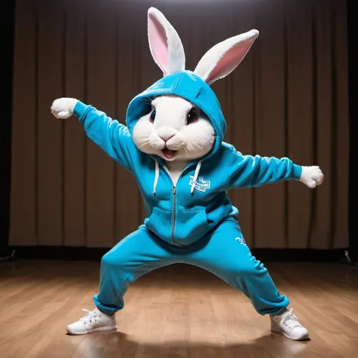 Prompt: a bunny rabit wearing a salesforce hoodie does the hammer time dance in MC Hammer pants
