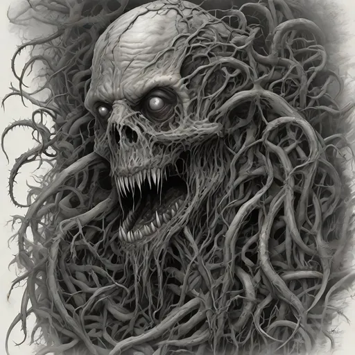 Prompt: Realistic portrait of a rotting zombie, tentacles, thorns, vines, horror, matte painting, high detailed, cinematic movie scene, created by Gustave Dore and Greg Rutkowski, smooth draw, intricate, dramatic lighting, realistic proportions, detailed matte painting, synthetic neon retro, horror genre, cinematic, rotting flesh, detailed tentacles, thorns and vines, haunting atmosphere